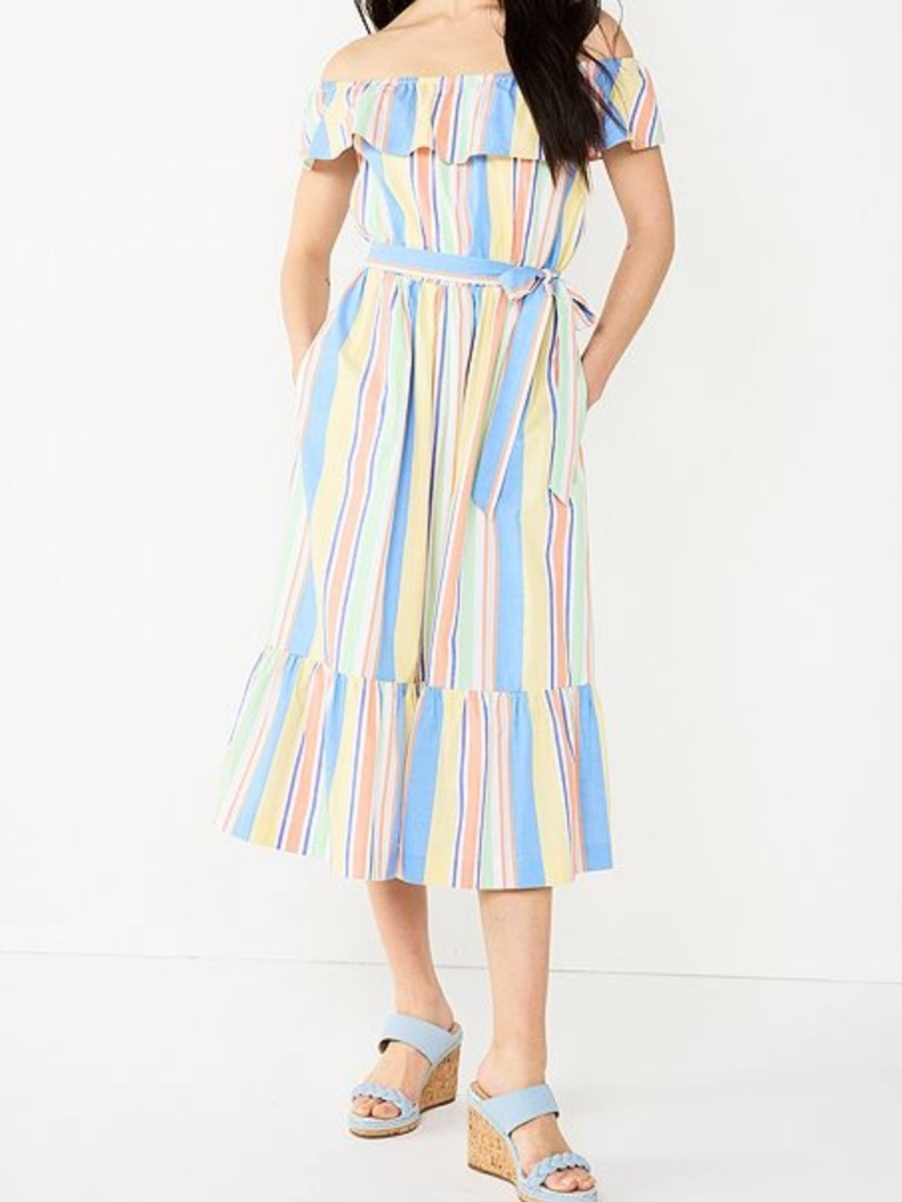 Draper James Pastel Multi-Stripe Off-Shoulder Midi Dress